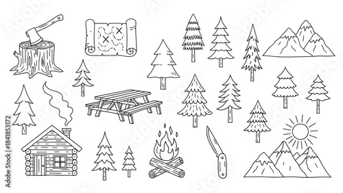 Camping and adventure themed illustration set with nature elements
