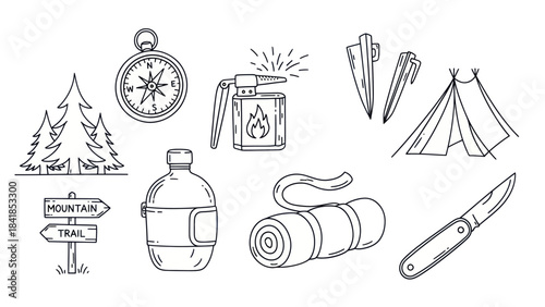 Camping and hiking equipment collection vector illustration