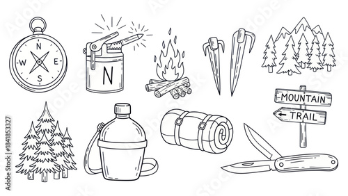Camping and hiking equipment icons vector illustration set in outlines