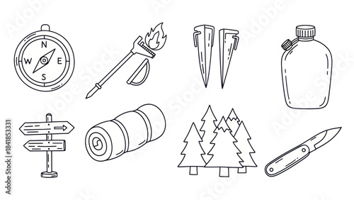 Camping and hiking equipment icons vector illustration for outdoor recreation
