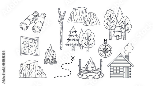 Camping and adventure icons line art illustrations on white background