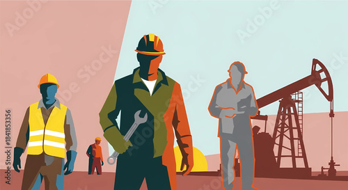 Stylized, colorful illustration of oil field workers in hard hats and safety gear with a pumpjack in the background. Focus on a worker holding a wrench.