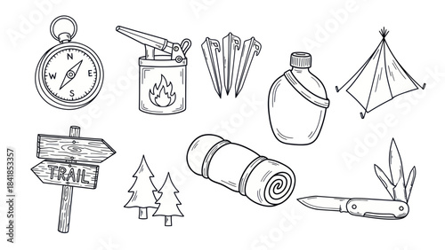 Camping and hiking equipment illustration black and white vector set