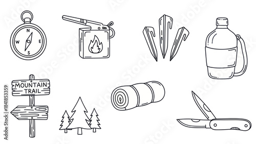 Camping and hiking equipment icons vector outlines for outdoor adventures