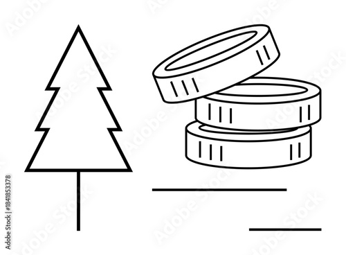 Environmental conservation, sustainable economy, ecological impact, green investment, environmental tax, eco-banking. A tree and stacked coins in minimalistic design. Environmental conservation