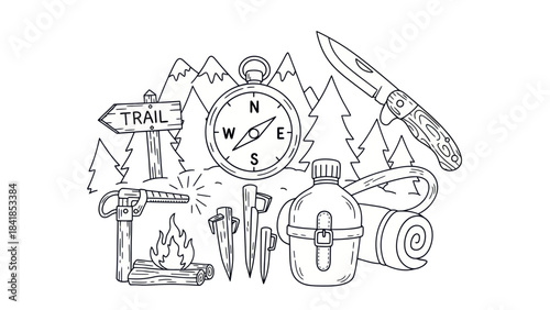 Camping and hiking equipment illustration outdoors nature adventure concept