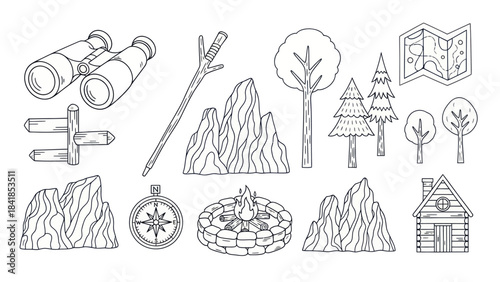Camping and hiking themed vector illustration elements set for design