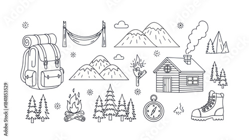 Camping and hiking themed vector illustration elements set for design