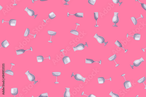 Wineglasses seamless pattern on the pink background. Set of empty glassware: cocktail coupe, wine glass, champagne flute. Cartoon minimalist illustration for drink menus and bar designs.