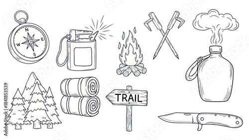 Camping and hiking equipment vector illustration set for outdoor adventures