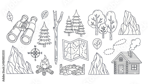 Camping and hiking themed vector illustration elements set in black and white