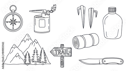 Camping and hiking gear icon set compass knife tent stakes bottle