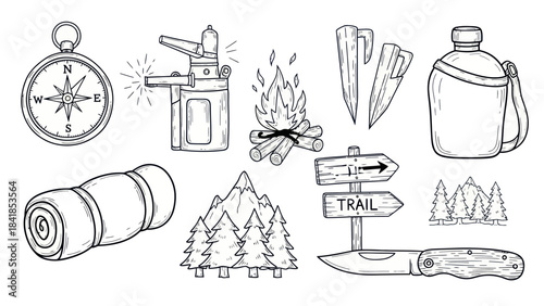 Camping and hiking equipment set vector illustration for outdoors concept