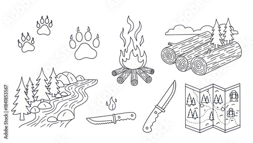 Camping and hiking themed vector illustration set elements for design