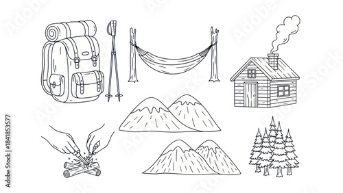 Camping and hiking themed vector illustration set for adventure designs