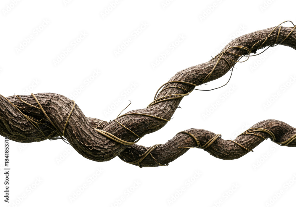 Obraz premium Two thick jungle vines intertwine with smaller tendrils, forming a complex, textured, and weathered natural pattern that evokes strength and organic growth.