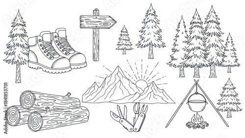 Camping and hiking themed vector illustration set with various elements