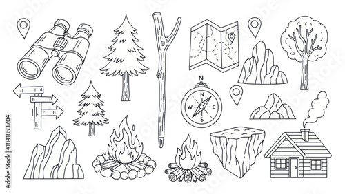 Camping and hiking themed elements black and white vector illustration