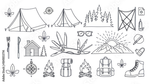 Camping and hiking themed vector icons set outdoors adventure elements