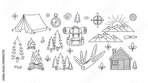 Camping and hiking themed vector illustration elements for design