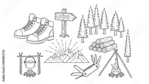 Camping and hiking themed vector illustration set with various elements