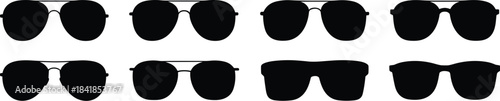 Set of Eight Classic and Modern Aviator and Rectangular Sunglasses Silhouettes Vector Collection for Summer Fashion and Optical Design.