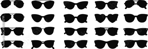 Black Silhouette Vector Collection of Diverse Modern and Classic Sunglasses Styles Including Aviator, Cat Eye, and Wayfarer Shapes on White.