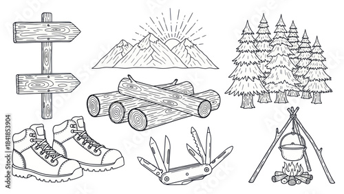 Camping and hiking themed vector illustrations set in black and white