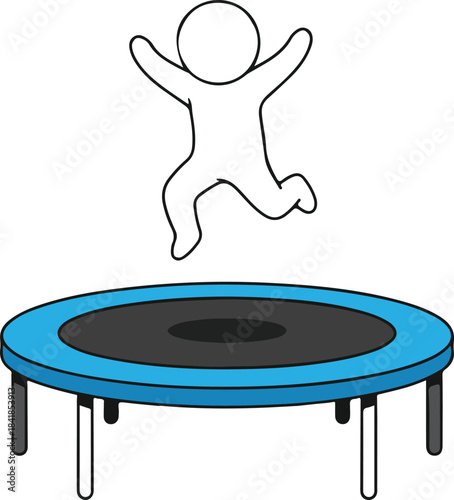 Dynamic line art illustration of a generic figure mid-air, vigorously jumping on a blue trampoline, symbolizing joy, energy, play, and freedom.