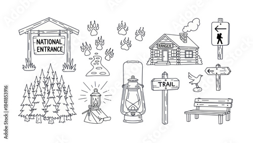 Camping and hiking themed vector illustrations set in black and white