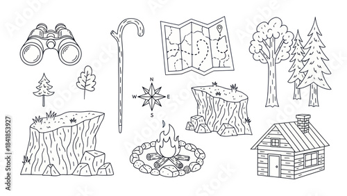 Camping and hiking themed vector illustrations set in black and white
