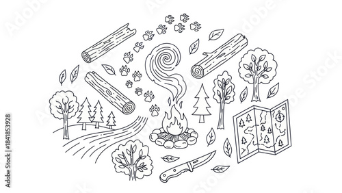 Camping and outdoor adventure elements in black and white line art