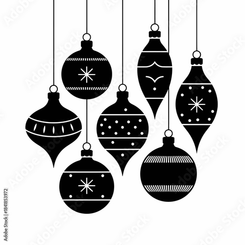 A collection of seven black ornaments hangs delicately.