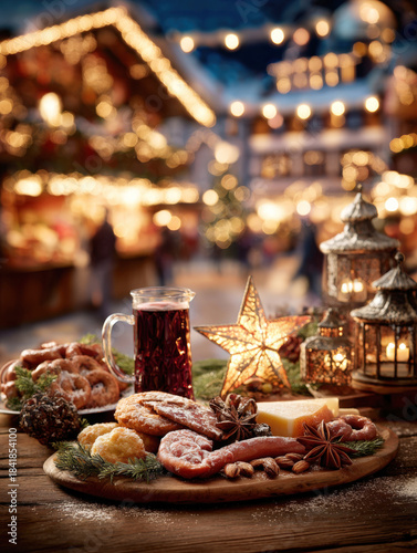 Cozy European Christmas Market Food Spread: Festive Board of Rustic Cookies, Star Anise, Smoked Sausage, Cheese, Mulled Wine, and Lanterns Set Against a Blurred Nighttime Stall Backdrop