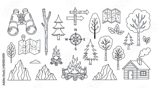 Camping and outdoor adventure elements vector illustration isolated white