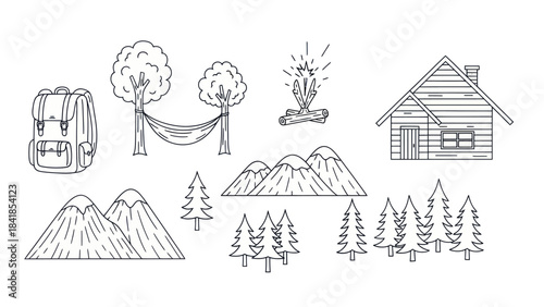 Camping and outdoor adventure elements vector illustration set