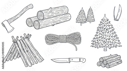 Camping and outdoor adventure equipment illustrations isolated on white