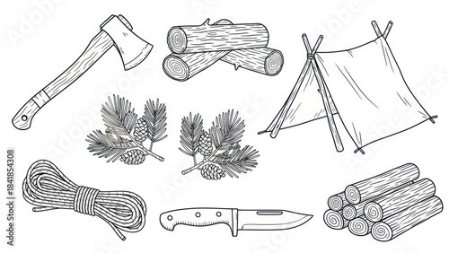 Camping and outdoor adventure equipment vector illustration set