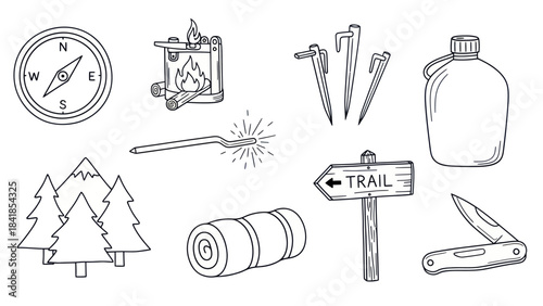 Camping and outdoor adventure essentials vector illustration set