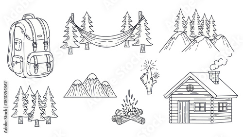 Camping and outdoor adventure equipment illustrations isolated on white