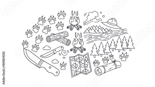 Camping and outdoor adventure outline illustration on white background