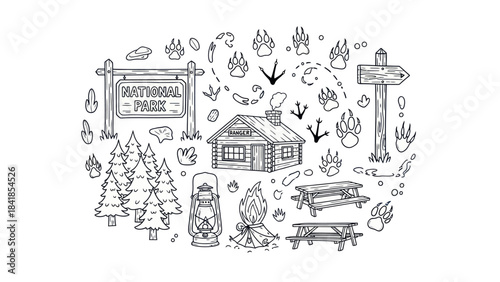 Camping and outdoor elements illustration for recreational and travel concepts
