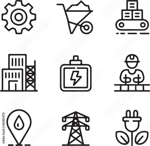 Manufacturing icon vector set. Factory and industry production with automated assembly lines concept.
