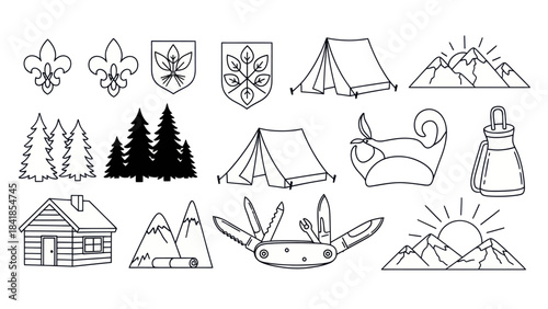Camping and outdoor recreation icons set in black and white