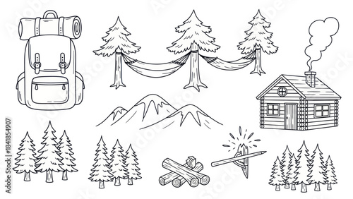 Camping and outdoor recreation themed vector illustrations with backpack and cabin