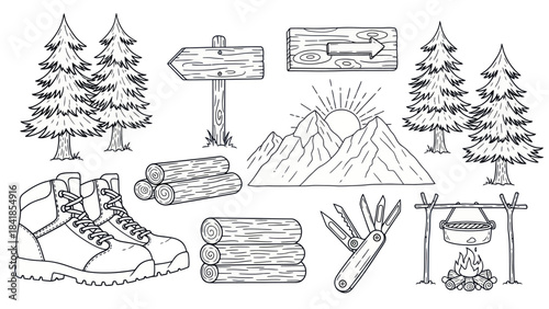 Camping and outdoor recreation themed vector illustrations set design