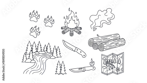 Camping and outdoor recreation vector elements isolated on white background