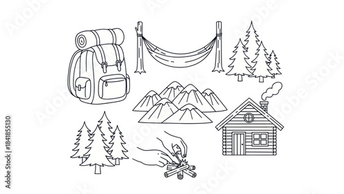 Camping and outdoor recreation vector illustration set with backpack cabin and trees