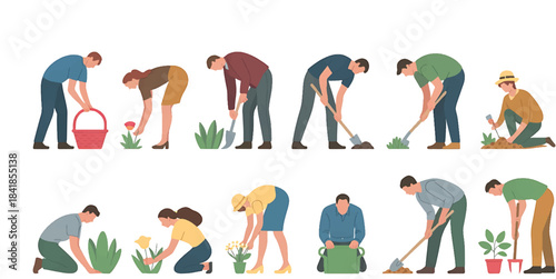 Working on the farm, men and women farmers in activity. set of people in drawing for architecture and landscaping. cad material. Vectors Illustration