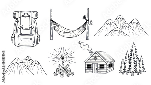 Camping and outdoor recreation vector illustration set with mountains